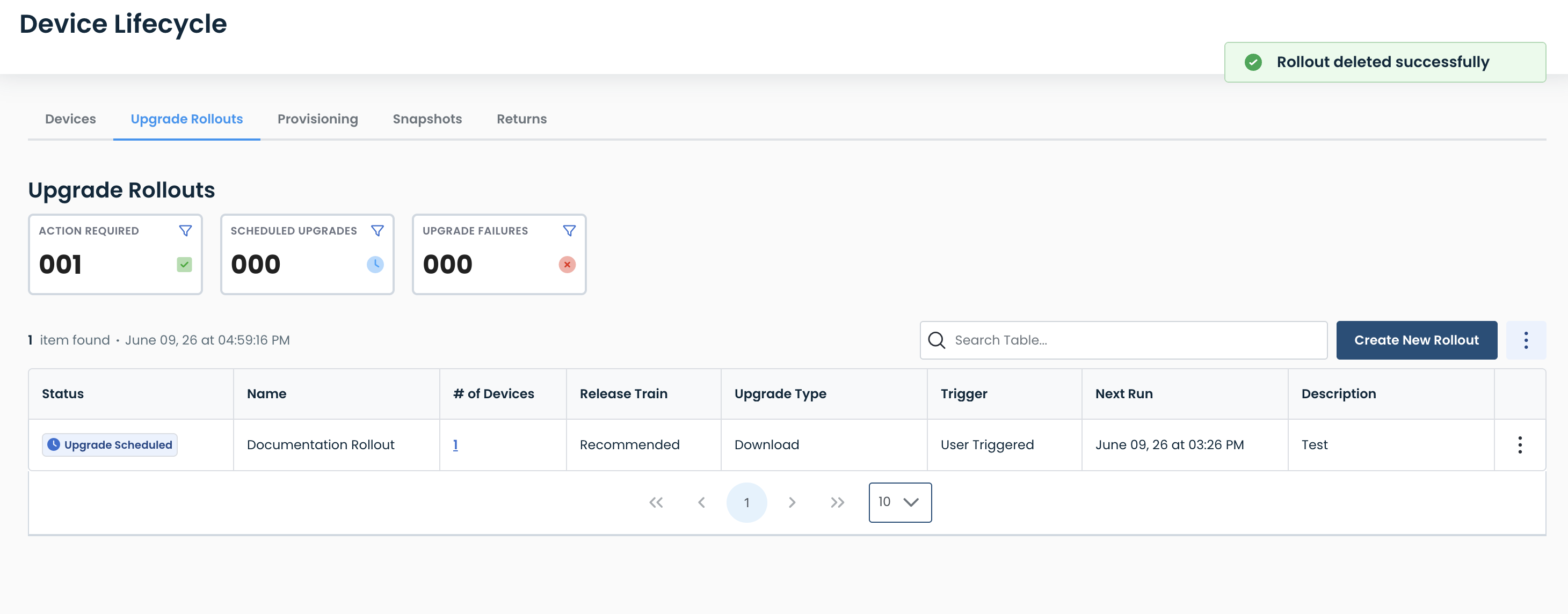 Overview of upgrade rollouts showing action required and scheduled upgrades status.